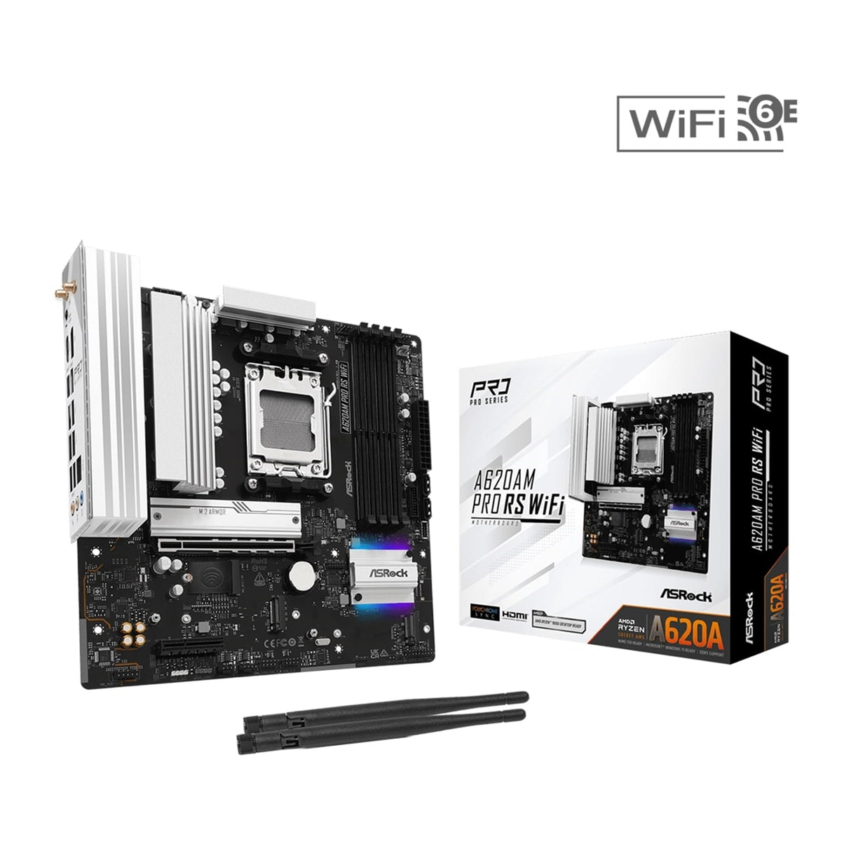 ASRock A620AM Pro RS WiFi AMD Socket AM5 Motherboard, 4 x DDR5 DIMM Slots, 1 x M.2 Socket (Key E), 2 x USB 3.2 Type-C, 2.5G LAN, 802.11axe Wi-Fi 6E Module, 1 x HDMI Port/ 1 x Display Port