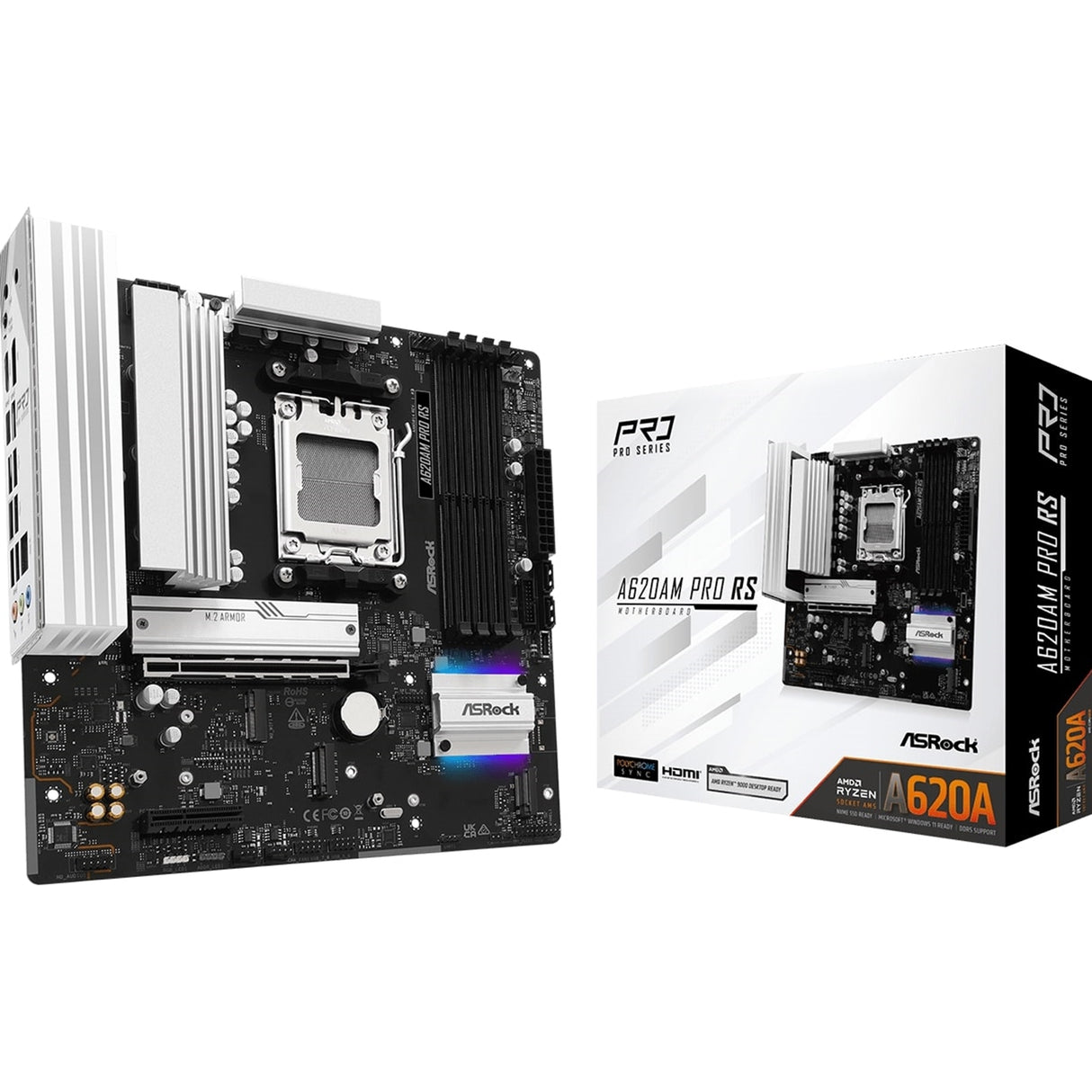ASRock A620AM PRO RS AMD Socket AM5 Motherboard, 4 x DDR5 DIMM Slots, 1 x M.2 Socket (Key E), 2 x USB 3.2 Type-C, 2.5G LAN, 1 x HDMI Port/ 1 x Display Port 