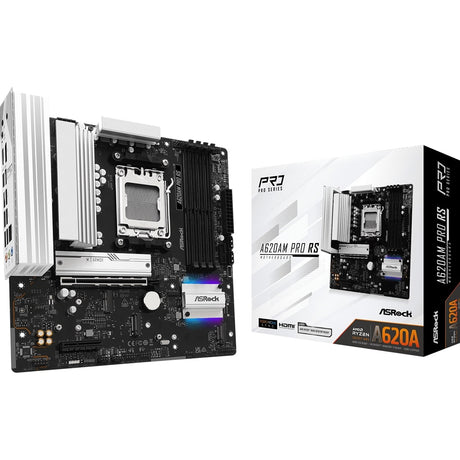 ASRock A620AM PRO RS AMD Socket AM5 Motherboard, 4 x DDR5 DIMM Slots, 1 x M.2 Socket (Key E), 2 x USB 3.2 Type-C, 2.5G LAN, 1 x HDMI Port/ 1 x Display Port 