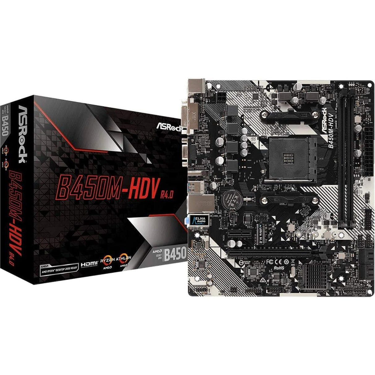 ASRock B450M-HDV R4.0 Super Alloy AMD AM4 Socket Motherboard, Micro-ATX, 2x DDR4 Slots, 1x M.2 Socket, GbE LAN, 1x D-Sub / 1x DVI-D / 1x HDMI Port