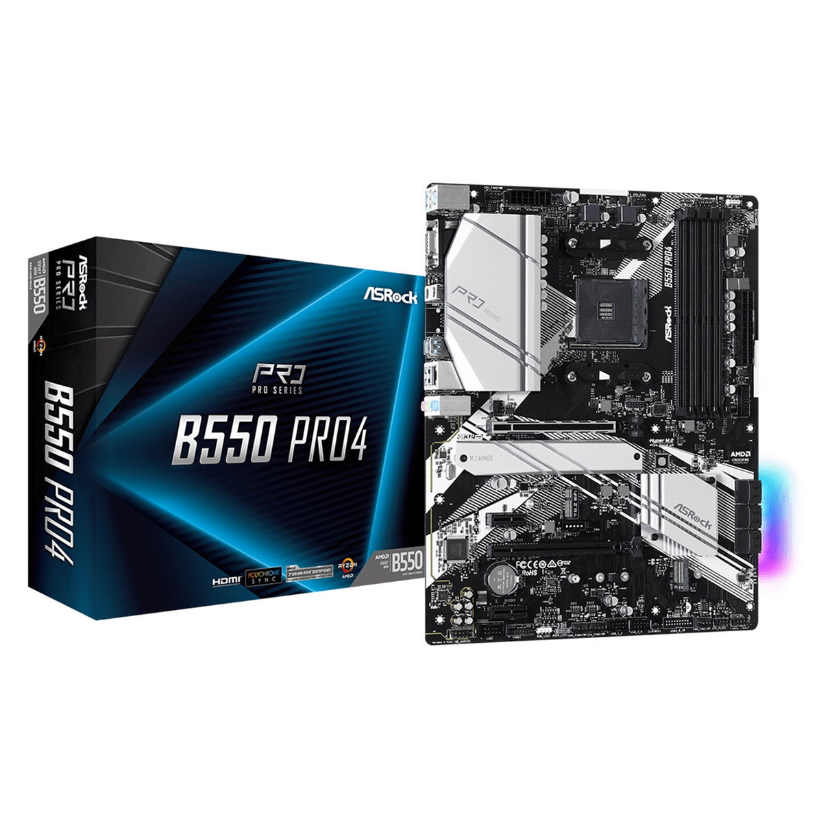 Asrock B550 PRO4, AMD B550, AM4, ATX, 4 DDR4, VGA, HDMI, XFire, PCIe4, Iluminación RGB, M.2