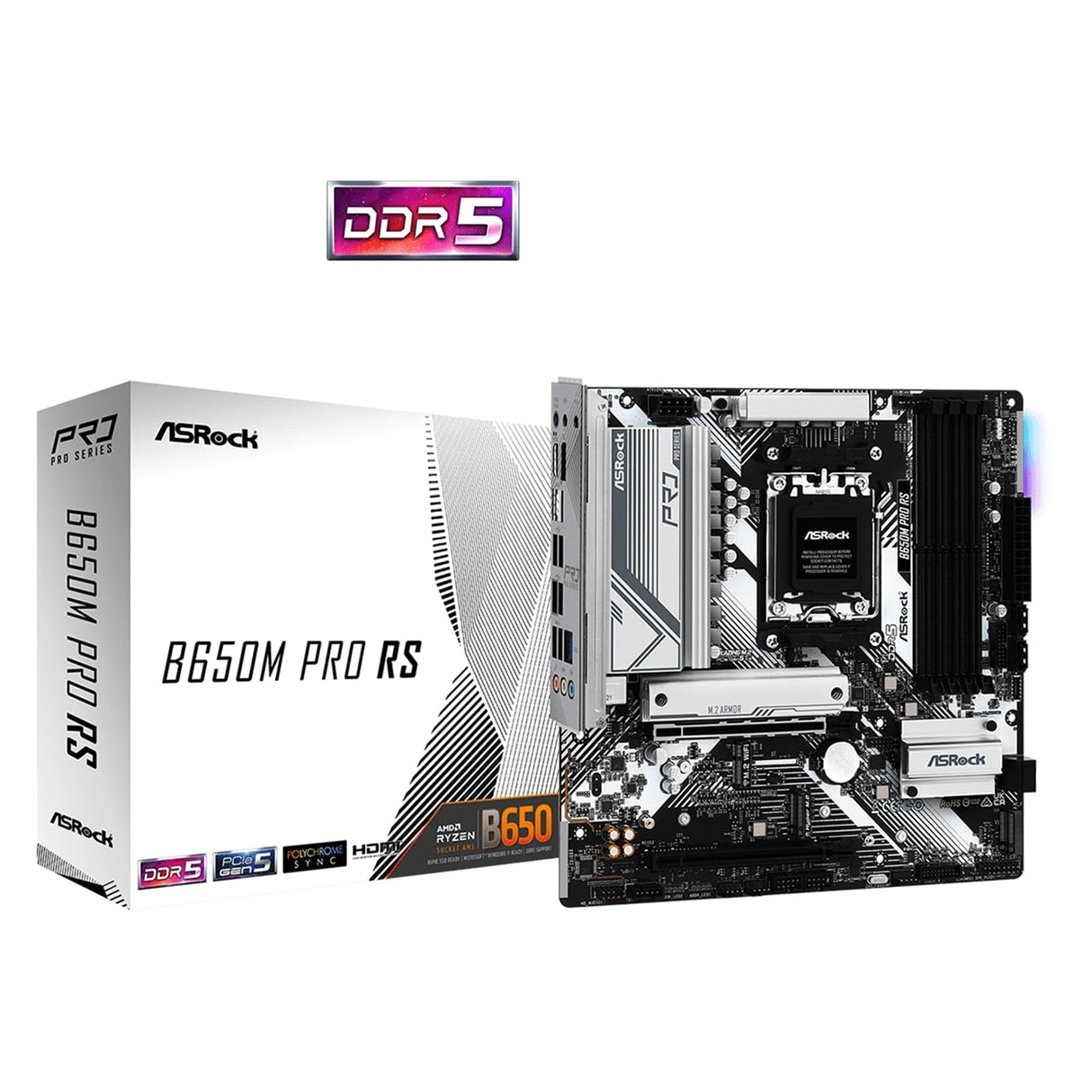 ASRock B650M Pro RS AMD AM5 Socket Motherboard, Micro-ATX, 4x DDR5 Slots, 3x M.2 Sockets, Fitted I/O Shield, 2.5GbE LAN, 1x DisplayPort / 1x HDMI Port