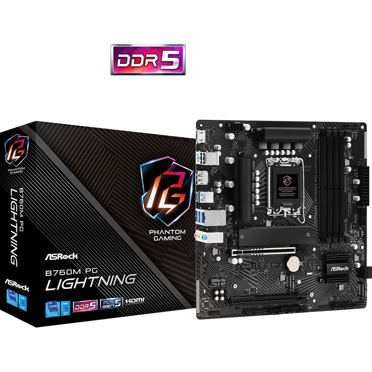 Asrock B760M PG LIGHTNING, Intel B760, 1700, Micro ATX, 4 DDR5, HDMI, DP, LAN 2,5G, PCIe5, 3x M.2