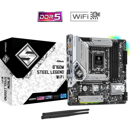 ASRock B760M Steel Legend WiFi Intel 1700 Socket Motherboard, Micro-ATX, 4x DDR5 Slots, 3x M.2 Sockets, Fitted I/O Shield, 2.5GbE LAN, Wi-Fi 6E, 1x DisplayPort / 1x HDMI Port