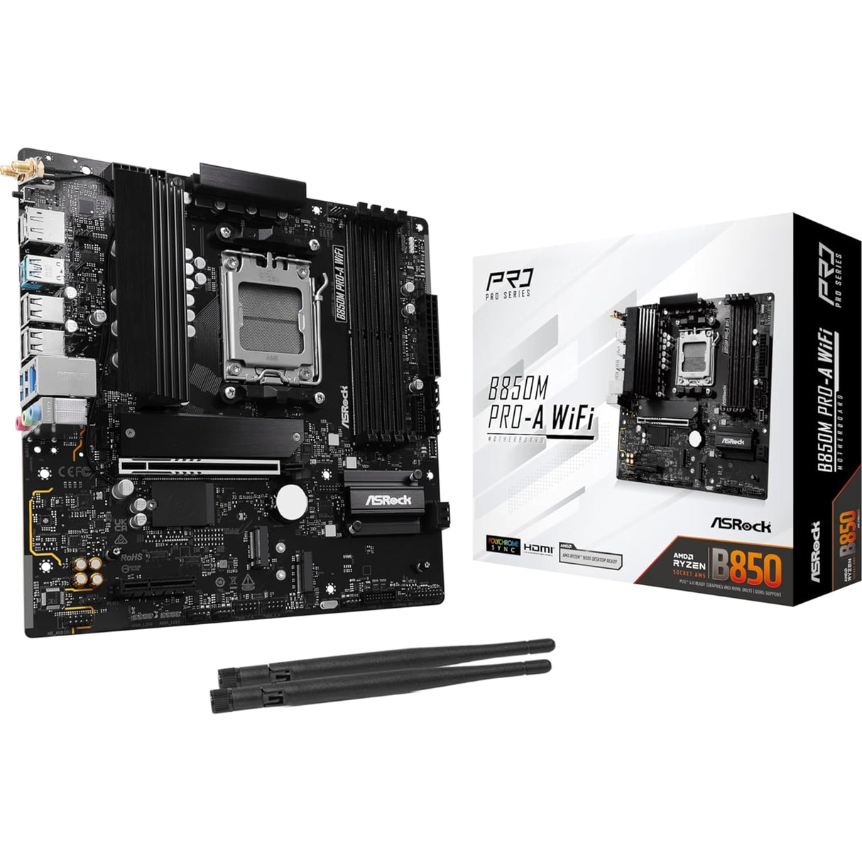 ASRock B850M Pro-A WiFi AMD AM5 Socket Motherboard, Micro-ATX, 4x DDR5 Slots, 3x M.2 Sockets, 2x USB-C Port, 2.5GbE LAN, Wi-Fi 6E, 1x DisplayPort / 1x HDMI Port