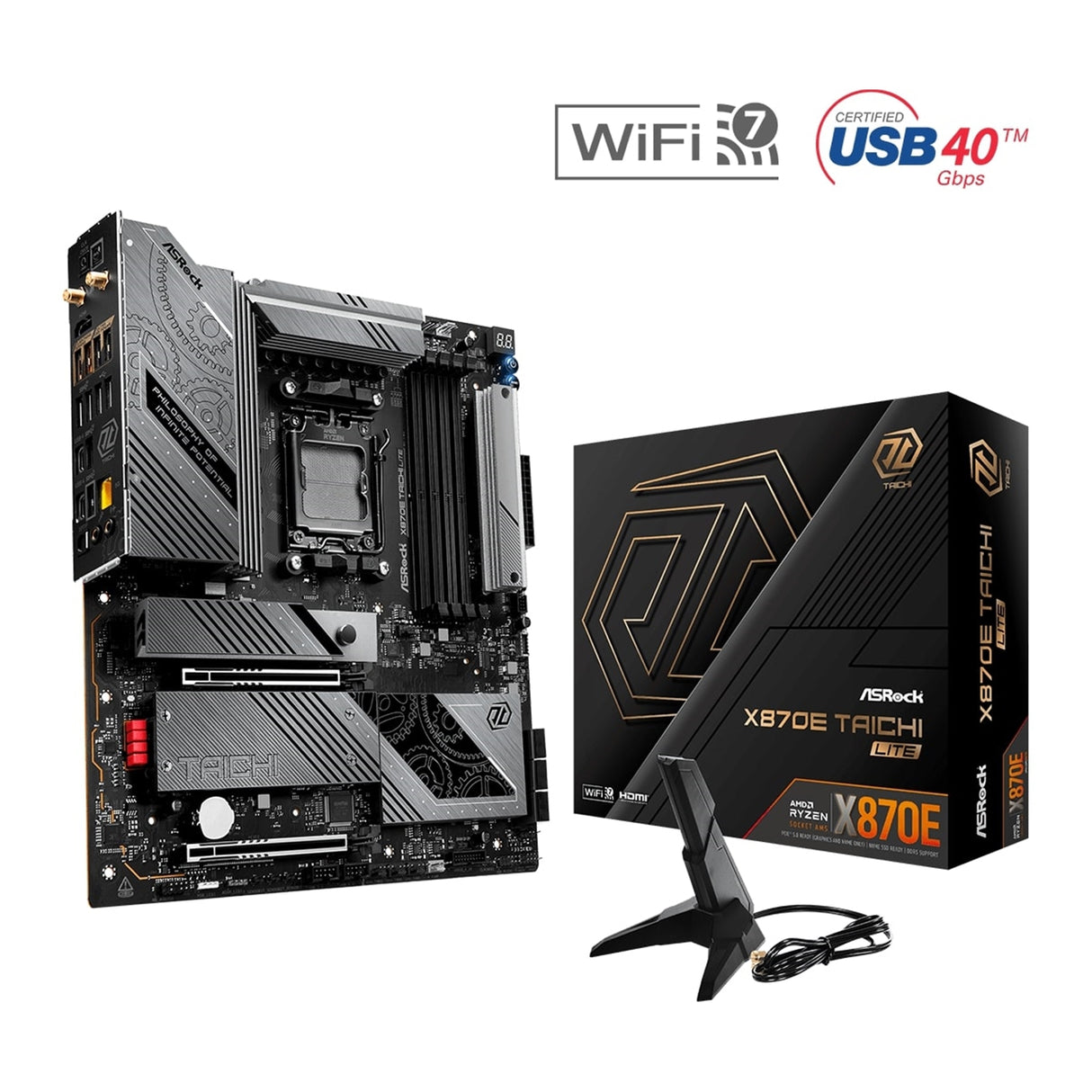 ASRock X870E TAICHI LITE AMD AM5 Socket Motherboard, E-ATX, 4x DDR5 Slots, 4x M.2 Sockets, Fitted I/O Shield, 5GbE LAN, Wi-Fi 7, 1x HDMI Port / 2x USB-C (USB4)