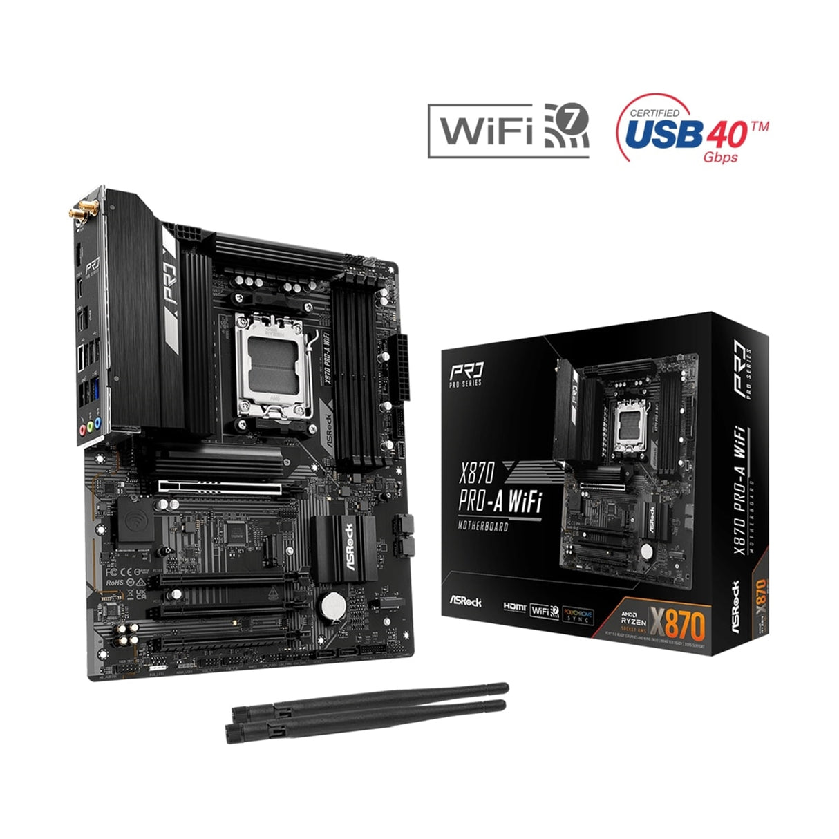 ASRock X870 Pro-A WiFi AMD AM5 Socket Motherboard, 4 x DDR5 Slots, 3x M.2 Socket, 2.5GbE LAN, Wi-Fi 7, 1x HDMI Port / 2x USB-C (USB4)