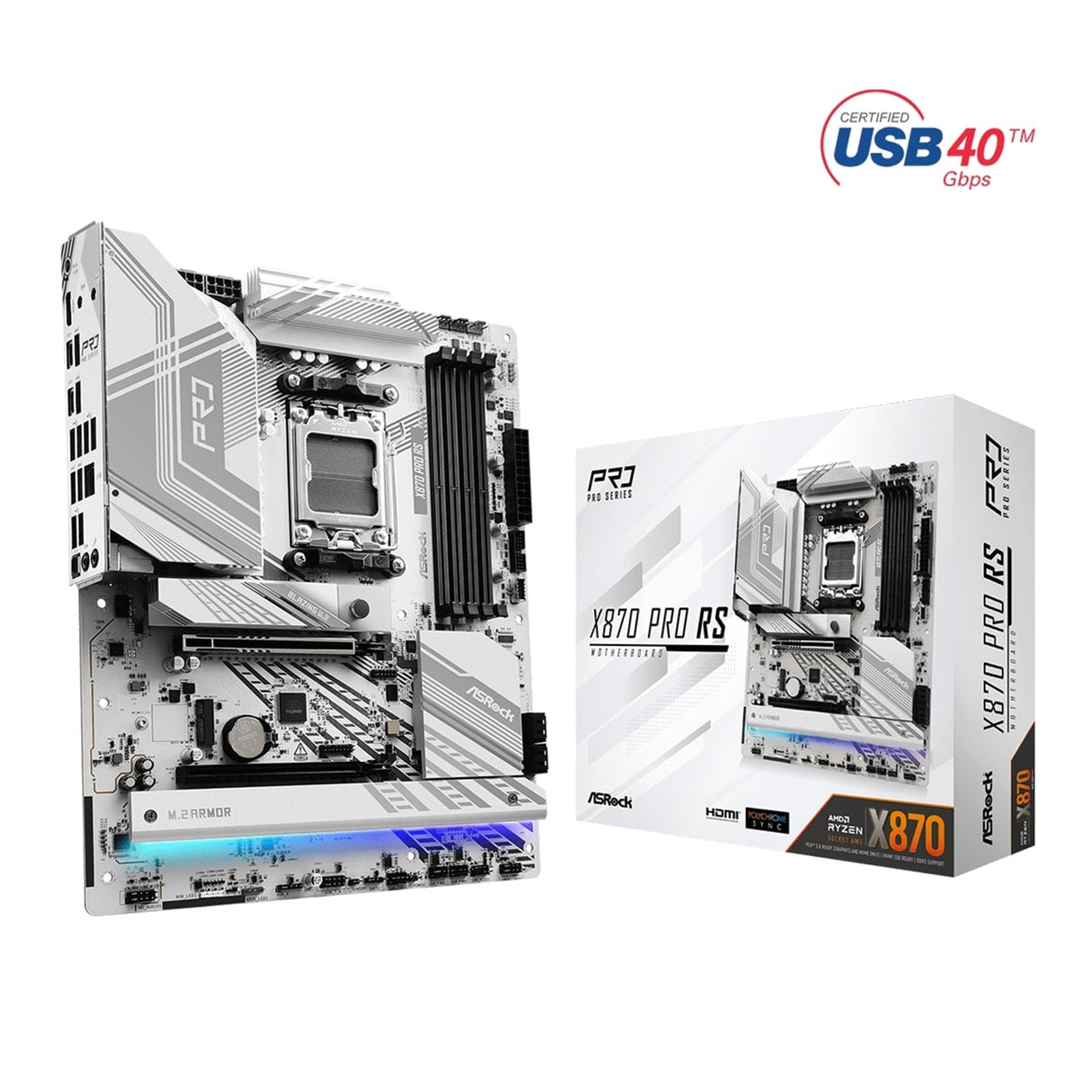 ASRock X870 PRO RS AMD AM5 Socket Motherboard, ATX, 4x DDR5 Slots, 3x M.2 Sockets, Fitted I/O Shield, 2.5GbE LAN, 1x HDMI Port / 2x USB-C (USB4)