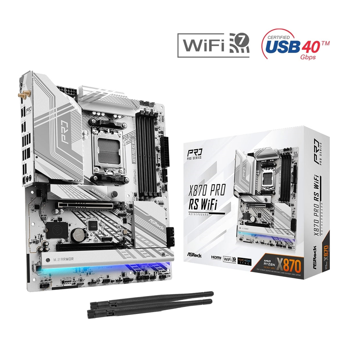 ASRock X870 PRO RS WIFI AMD AM5 Socket Motherboard, ATX, 4x DDR5 Slots, 3x M.2 Sockets, 3x USB-C Port, Fitted I/O Shield, 2.5GbE LAN, Wi-Fi 7, 1x HDMI Port / 2x USB-C (USB4)