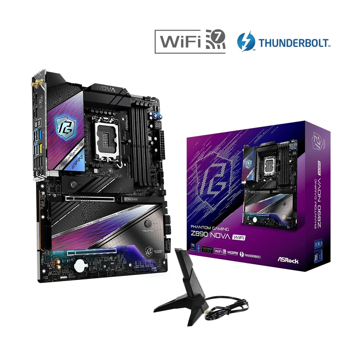 ASRock Z890 NOVA WIFI PHANTOM GAMING Intel 1851 Socket Motherboard, ATX, 4x DDR5 Slots, 6x M.2 Sockets, 3x USB-C Port, Fitted I/O Shield, 2.5GbE LAN, Wi-Fi 7, 1x HDMI Port / 2x USB-C (USB4)