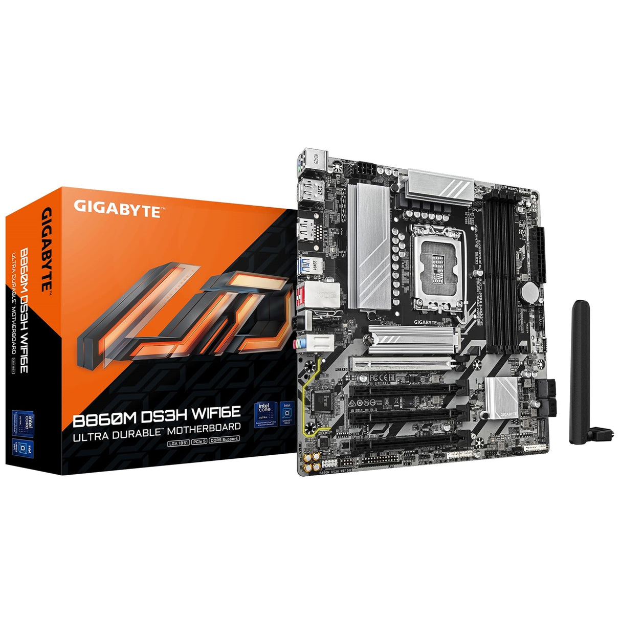 GIGABYTE B860M DS3H WIFI6E Motherboard - Intel Core Ultra Series CPUs, 5+1+2+1 Phases VRM, up to 9066MHz DDR5, 1xPCIe 5.0 + 1xPCIe 4.0 M.2, 2.5GbE LAN, WIFI 6E, USB 3.2 Gen 2