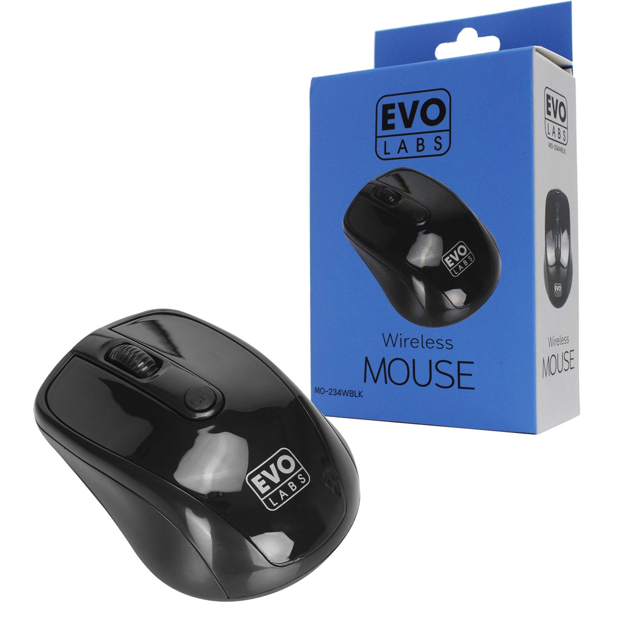 Evo Labs MO-234WBLK Ratón Inalámbrico, 2,4GHz con Mini Receptor USB, Seguimiento Óptico 800 DPI, Diseño Ambidiestro para PC/Mac/Portátil, Negro Brillante