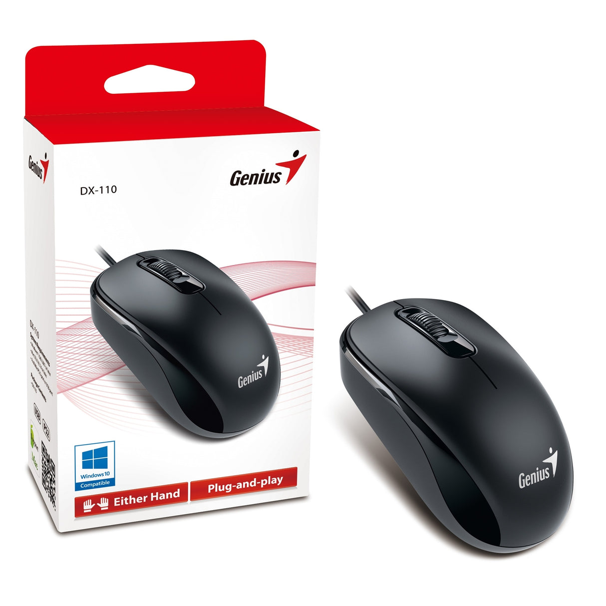 Ratón Genius DX-110 con cable USB Plug and Play, seguimiento óptico de 1000 DPI, 3 botones con rueda de desplazamiento, diseño ambidiestro con cable de 1,5 m, negro