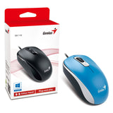 Genius DX-110 Souris filaire USB Plug and Play, suivi optique 1000 DPI, 3 boutons avec molette de défilement, conception ambidextre avec câble de 1,5 m, bleue