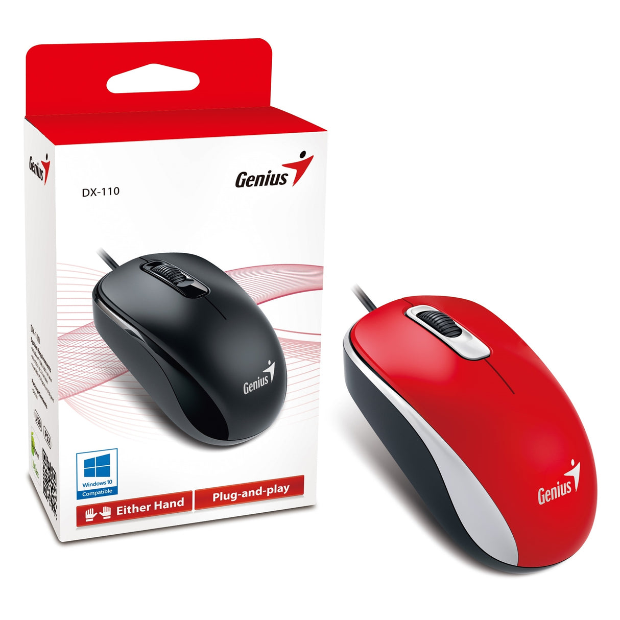 Ratón Genius DX-110 con cable USB Plug and Play, seguimiento óptico de 1000 DPI, 3 botones con rueda de desplazamiento, diseño ambidiestro con cable de 1,5 m, rojo