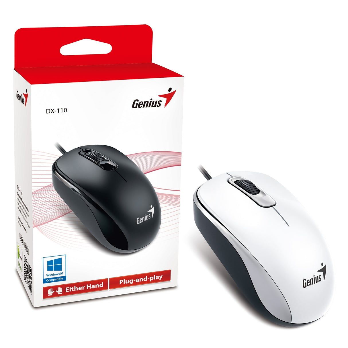 Genius DX-110 Souris filaire USB Plug and Play, suivi optique 1000 DPI, 3 boutons avec molette de défilement, conception ambidextre avec câble de 1,5 m, blanche