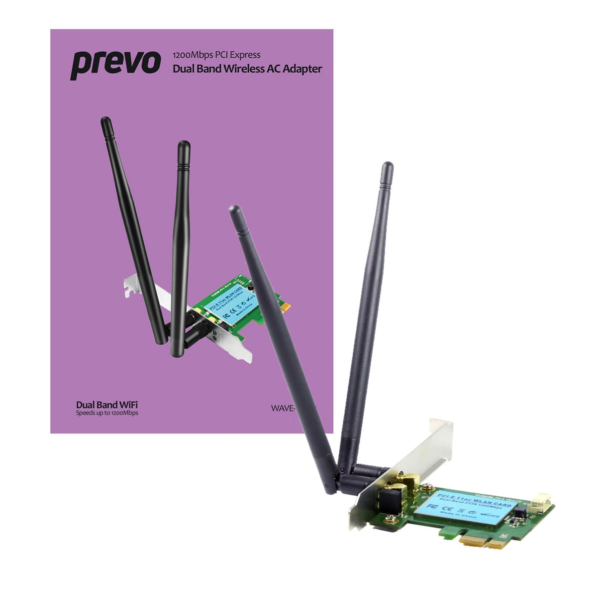 Prevo 1200mbps AC1200 PCI-Express Dual Band Wireless AC Adapter with Detachable Antennas and Additional Low Profile Bracket