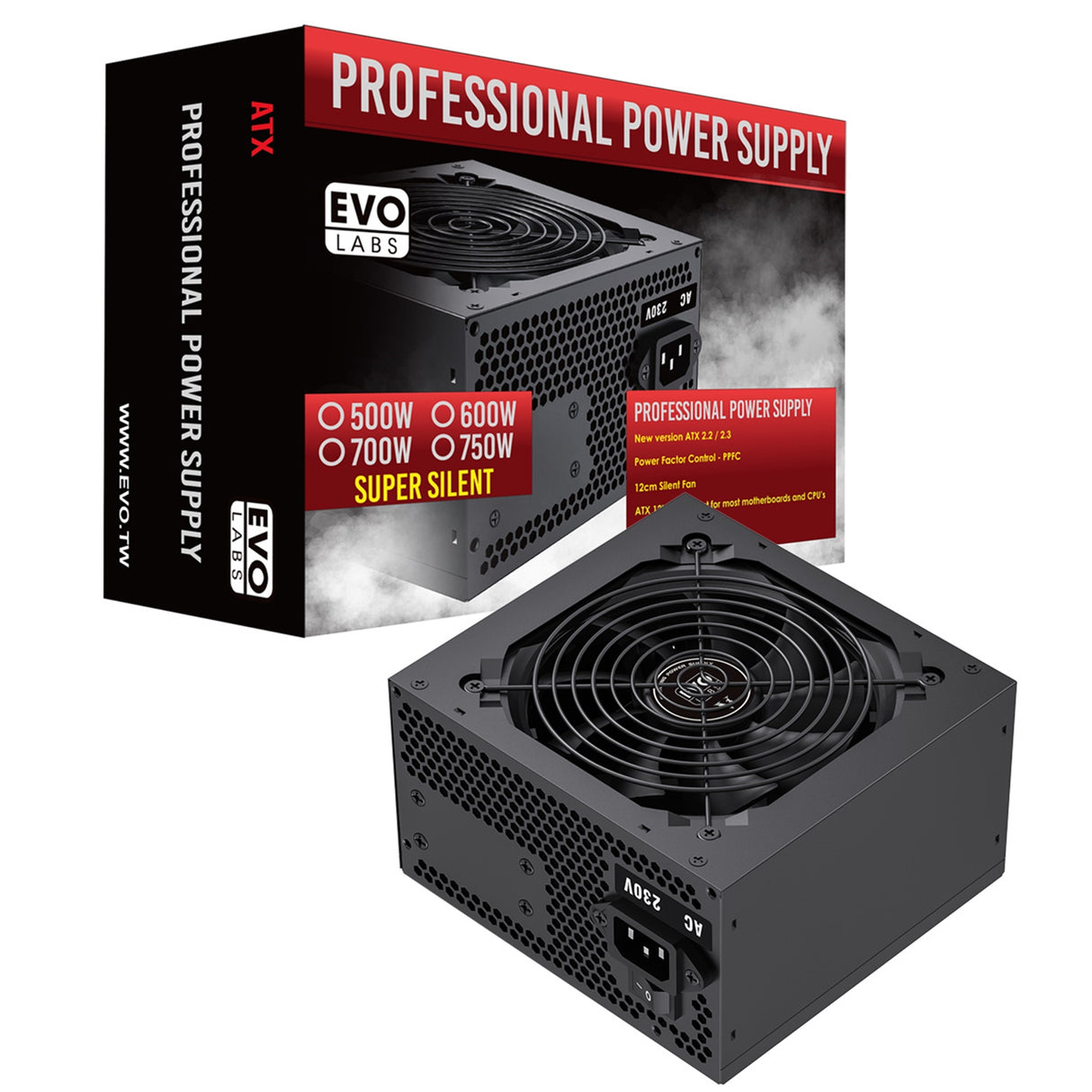 EVO LABS BR600-12BL Bloc d'alimentation 600 W, ventilateur silencieux noir 120 mm avec ventilation améliorée, non modulaire, stable et fiable, emballé au détail