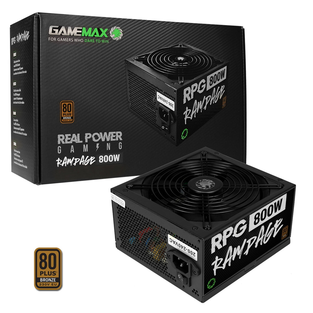 Fuente de alimentación GameMax RPG Rampage de 800 W, cableado completo, ventilador silencioso, 80+ bronce, cables planos negros, cable de alimentación no incluido