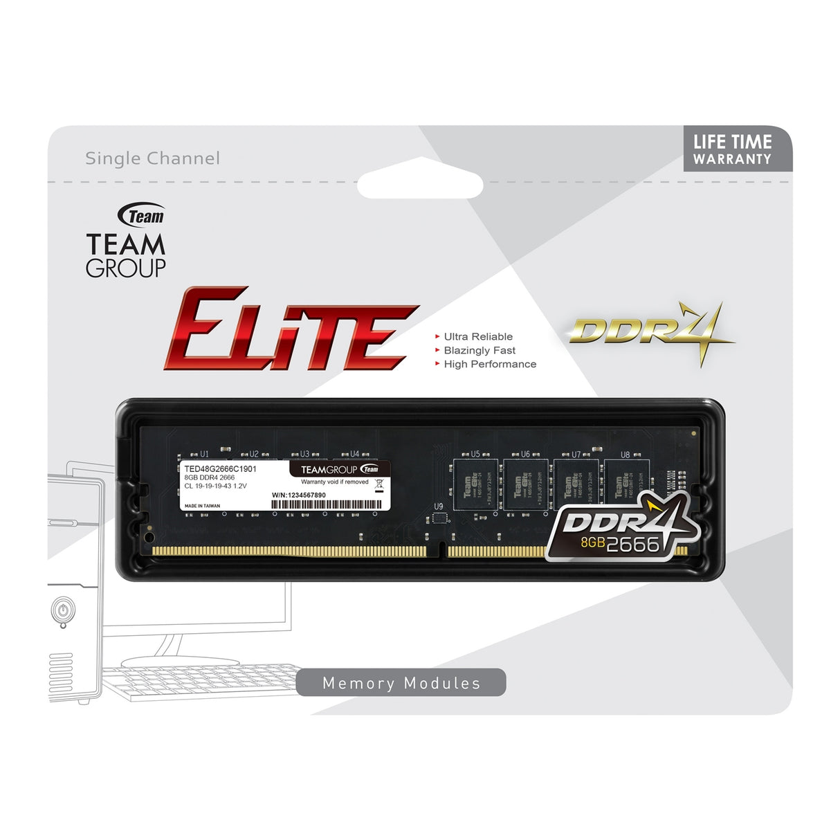 Team Elite Memoria del sistema DIMM DDR4 de 8 GB sin disipador térmico (1 x 8 GB) de 2666 MHz